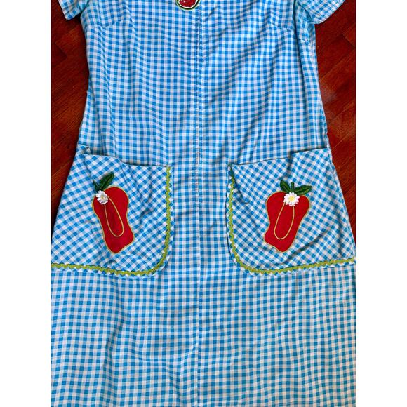 Vintage 70’s Blue White Gingham Chili Pepper House Coat Whimsy Dress Small Med - Picture 3 of 5